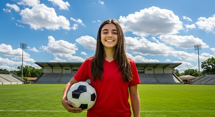 Smiling young woman holds soccer ball in park, ready for fun and active play