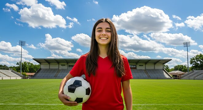 Smiling young woman holds soccer ball in park, ready for fun and active play