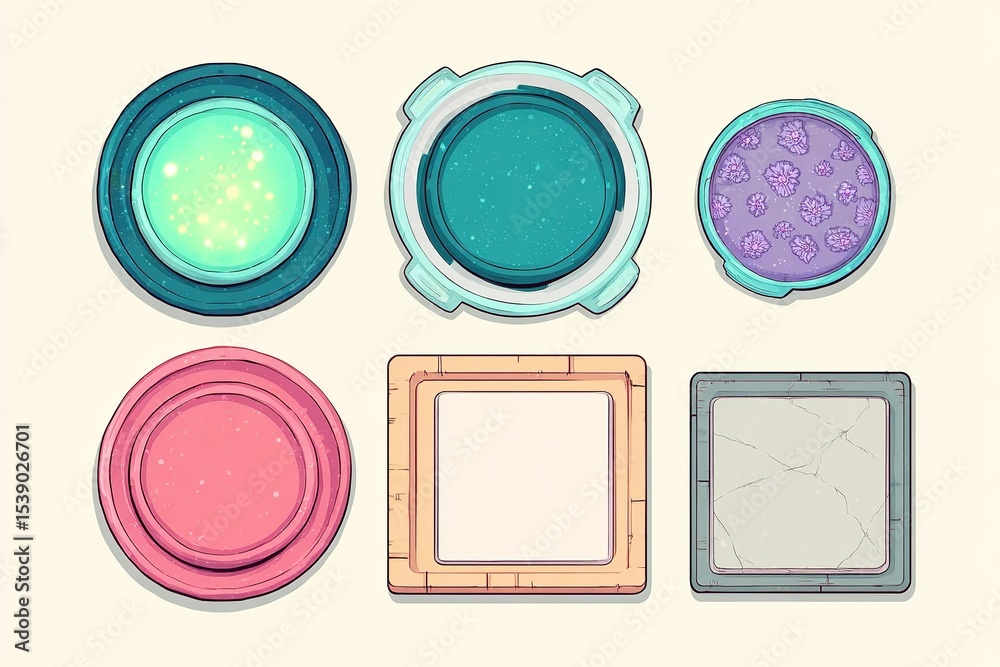 Wall mural colorful circular containers with various textures and colors arranged on a light background