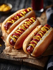 Hotdogs Topped with Condiments on Wooden Board Still Life