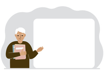 The man holds many books. Nearby is a large white poster for your text. Vector flat illustration.