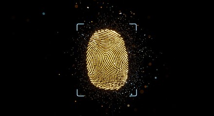 Illuminated Fingerprint with Glowing Particles on Black Background, Digital Security Concept