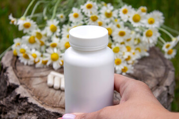 Herbal Chamomile Capsules in Hands with Flowers