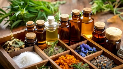 Assorted herbs and essential oil bottles organized in a rustic wooden box on a table, showcasing natural aromatherapy ingredients