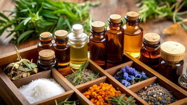 Assorted herbs and essential oil bottles organized in a rustic wooden box on a table, showcasing natural aromatherapy ingredients