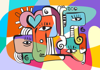 colorful abstract artwork featuring fragmented faces and organic shapes