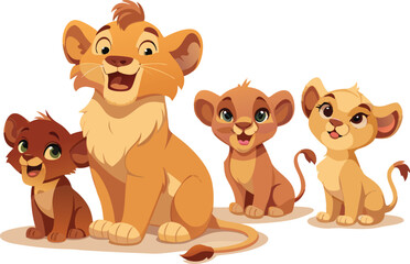 Cute Cartoon Lion Family and Cubs Vector Illustration for Kids and Wildlife