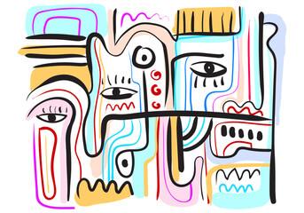 colorful abstract artwork featuring fragmented faces and organic shapes