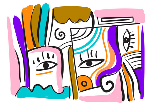colorful abstract artwork featuring fragmented faces and organic shapes