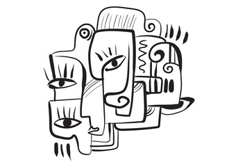 This highly expressive and somewhat chaotic abstract line drawing features multiple faces and eyes