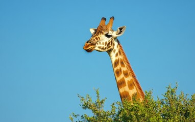 Obraz premium Close-up portrait of a giraffe's head and long neck, showcasing its distinctive pattern against a clear blue sky with leafy treetops visible below