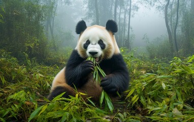 Obraz premium A giant panda sits in a lush bamboo forest, eating bamboo leaves while surrounded by misty atmosphere and verdant vegetation