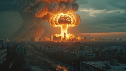 The image shows a devastating nuclear blast over a city, with a mushroom cloud rising into the sky.