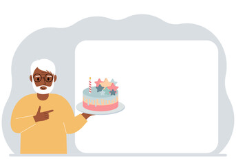 A man holds a cake in his hand. Nearby is a white poster for text. Birthday or holiday. Vector flat illustration