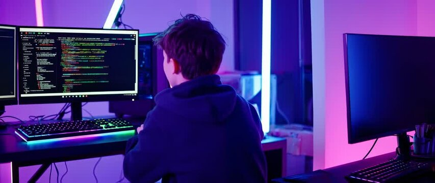 Young programmer coding on multiple screens in a vibrant, modern office setting showcasing software development and technology skills