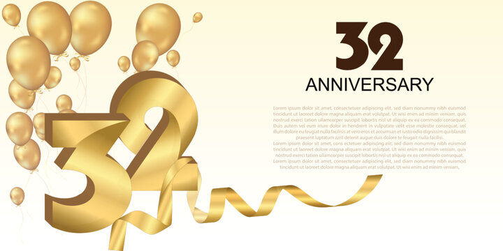 Elegant 32nd anniversary celebration with golden balloons, ribbon, and bold 3D numbers. Perfect for greeting cards, banners, or party invitations. Luxurious and festive vector design.