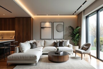 Sleek Ceiling Ventilation System Seamlessly Blending into Stylish Living Room Design in Aerial Shot