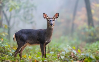 An alert deer stands in a misty forest clearing, its ears perked and eyes watchful, surrounded by autumn foliage and soft morning light