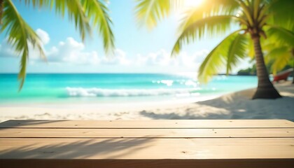 Obraz premium Wooden table with blur beach view in the background, tropical vibes and serene ocean waves under bright sunlight. Perfect vacation scene., created with generative ai
