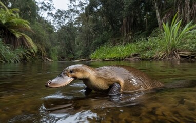 A platypus glides through shallow creek waters, its distinctive bill and furry body visible as it swims among lush vegetation in an Australian forest setting