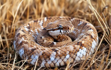 Naklejka premium A rattlesnake coils defensively in dry grass, its patterned scales and watchful eye visible as it blends with the golden vegetation of its arid habitat