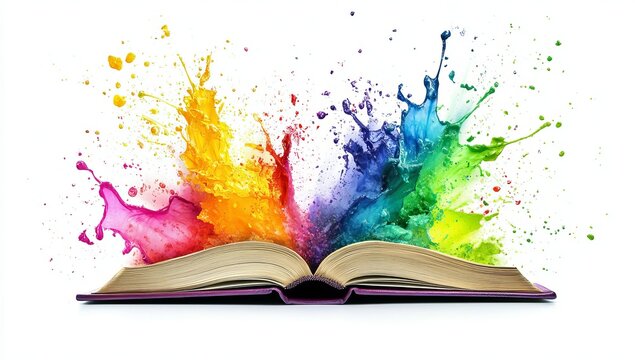 An open book with colorful paint splashes coming out of it, representing the creative process and writing inspiration for educational content on a white background. 