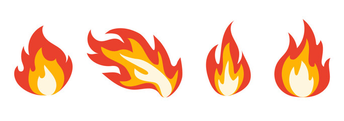 Vector bright burn flame icon set isolated on white background. Hot fire flat clipart collection. Burning fireball signs