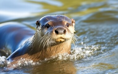 Obraz premium A curious otter swims in crystal clear water, its whiskered face and alert eyes visible above the surface as ripples spread around its sleek body