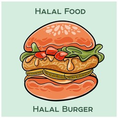 A Halal burger features a patty prepared according to Islamic dietary laws, ensuring meat is halal. Served with various toppings and sauces in a bun.