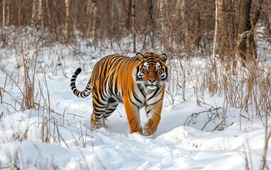 Obraz premium A majestic Siberian tiger walks through a snow-covered winter forest, its orange and black stripes contrasting sharply with the white landscape
