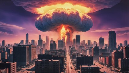Dramatic depiction of a city engulfed in the devastating aftermath of a nuclear explosion.