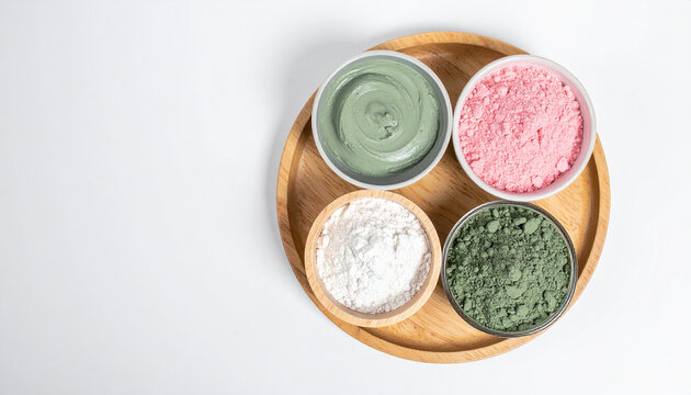 Cosmetic clay, powder on wooden tray. Natural organic beauty product. Skin care. Close-up.