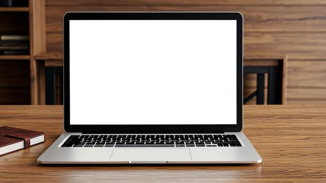Blank laptop screen on wooden desk in cozy office setting with notebook