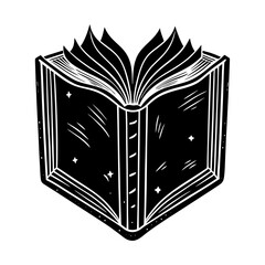 Open book illustration vector, vintage book drawing, educational reading material, black and white art