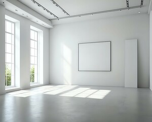 Obraz premium Modern Minimalist Gallery Interior Design White Room with Large Windows and Blank Canvas