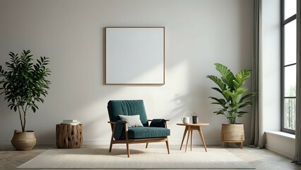 Modern Minimalist Living Room Interior Design with Teal Armchair and Plants