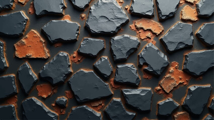 A close-up, high-definition shot of a rustic stone wall, featuring irregularly shaped, dark charcoal grey and weathered, earthy orange stones. The texture of the individual stones is highly visible.