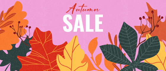 Autumn sale banner with fall leaves and berries. Design for seasonal discount promotion and marketing.