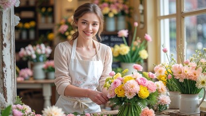 Fototapeta premium A florist happily arranges a vibrant bouquet in a charming flower shop setting.