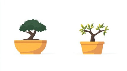 Fototapeta premium Two cartoon bonsai trees in pots, one with dark foliage, the other sparse, simple art