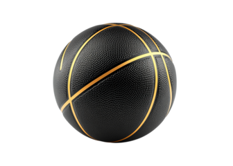 Black basketball with golden lines isolated on a white background, detailed isolated on a transparent background in PNG format.