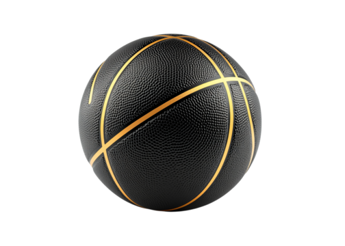 Black basketball with golden lines isolated on a white background, detailed isolated on a transparent background in PNG format.