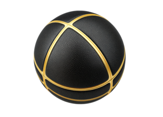 Black basketball with golden lines isolated on a white background, detailed isolated on a transparent background in PNG format.