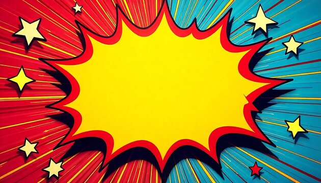 Colorful comic pop art boom explosion background, vibrant superhero theme sign frame, announcement, created with generative ai