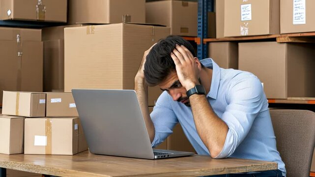 A man shows signs of frustration while using a laptop in a cluttered storage area filled with cardboard boxes