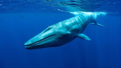 Fototapeta premium A blue whale swimming gracefully through the deep blue ocean waters in its natural habitat underwater
