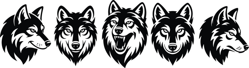 
A fierce collection of wolf head mascots, showing snarling and stoic expressions, perfect for sports team logos,