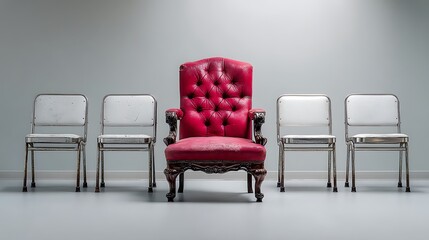 Fototapeta premium Unique Seating Arrangement: A Red Upholstered Armchair Stands Out Among Simple White Chairs in a Minimalist Room.