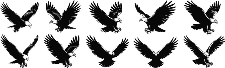 Majestic Bald Eagles in Dynamic Flight Vector Set, American Symbol, Patriotic Wildlife Illustration, Freedom and Power, Nature's Graceful Predators, Detailed Artwork, Black and White, Isolated.