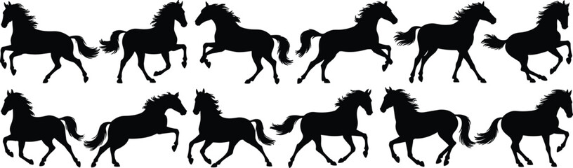 A powerful collection of black running horse silhouettes, showcasing graceful trotting and galloping gaits, perfect for equestrian and logo designs.
